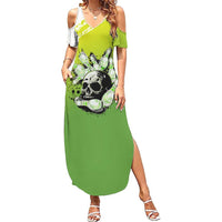 Personalized Skull Bowling Summer Maxi Dress with Neon Green Strike Design - Edgy Bowler Style - Wonder Print Shop
