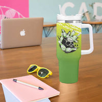 Personalized Skull Bowling Tumbler With Handle with Neon Green Strike Design - Edgy Bowler Style - Wonder Print Shop