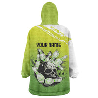 Personalized Skull Bowling Wearable Blanket Hoodie with Neon Green Strike Design - Edgy Bowler Style - Wonder Print Shop