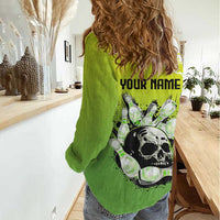 Personalized Skull Bowling Women Casual Shirt with Neon Green Strike Design - Edgy Bowler Style - Wonder Print Shop