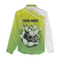 Personalized Skull Bowling Women Casual Shirt with Neon Green Strike Design - Edgy Bowler Style - Wonder Print Shop