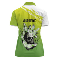 Personalized Skull Bowling Women Polo Shirt with Neon Green Strike Design - Edgy Bowler Style - Wonder Print Shop