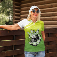 Personalized Skull Bowling Women Polo Shirt with Neon Green Strike Design - Edgy Bowler Style - Wonder Print Shop
