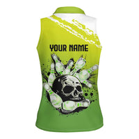 Personalized Skull Bowling Women Sleeveless Polo Shirt with Neon Green Strike Design - Edgy Bowler Style - Wonder Print Shop