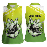 Personalized Skull Bowling Women Sleeveless Polo Shirt with Neon Green Strike Design - Edgy Bowler Style - Wonder Print Shop