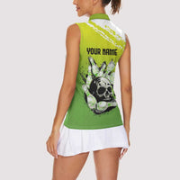 Personalized Skull Bowling Women Sleeveless Polo Shirt with Neon Green Strike Design - Edgy Bowler Style - Wonder Print Shop