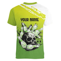 Personalized Skull Bowling Women V-Neck T-Shirt with Neon Green Strike Design - Edgy Bowler Style - Wonder Print Shop