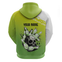 Personalized Skull Bowling Zip Hoodie with Neon Green Strike Design - Edgy Bowler Style - Wonder Print Shop