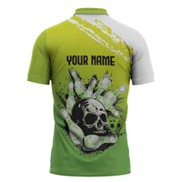 Personalized Skull Bowling Zipper Polo Shirt with Neon Green Strike Design - Edgy Bowler Style - Wonder Print Shop