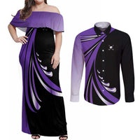 Personalized Purple Winged Golf Ball Couples Matching Off Shoulder Maxi Dress and Long Sleeve Button Shirt Bold Golf Graphic Design - Wonder Print Shop