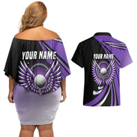 Personalized Purple Winged Golf Ball Couples Matching Off Shoulder Short Dress and Hawaiian Shirt Bold Golf Graphic Design - Wonder Print Shop