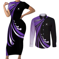 Personalized Purple Winged Golf Ball Couples Matching Short Sleeve Bodycon Dress and Long Sleeve Button Shirt Bold Golf Graphic Design - Wonder Print Shop
