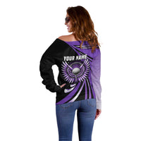 Personalized Purple Winged Golf Ball Off Shoulder Sweater Bold Golf Graphic Design - Wonder Print Shop