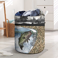 Personalized Largemouth Bass Fishing Laundry Basket with Camo Reeds - Outdoor Angler Design - Wonder Print Shop