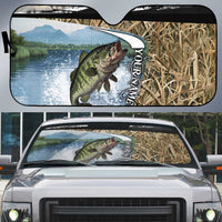 Personalized Largemouth Bass Fishing Auto Sun Shade with Camo Reeds - Outdoor Angler Design - Wonder Print Shop