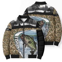 Personalized Largemouth Bass Fishing Bomber Puffer Jacket with Camo Reeds - Outdoor Angler Design - Wonder Print Shop
