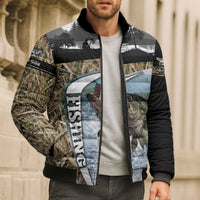 Personalized Largemouth Bass Fishing Bomber Puffer Jacket with Camo Reeds - Outdoor Angler Design - Wonder Print Shop