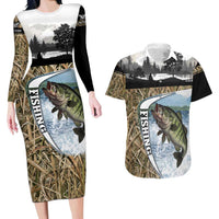 Personalized Largemouth Bass Fishing Couples Matching Long Sleeve Bodycon Dress and Hawaiian Shirt with Camo Reeds - Outdoor Angler Design - Wonder Print Shop