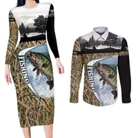 Personalized Largemouth Bass Fishing Couples Matching Long Sleeve Bodycon Dress and Long Sleeve Button Shirt with Camo Reeds - Outdoor Angler Design - Wonder Print Shop