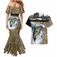 Personalized Largemouth Bass Fishing Couples Matching Mermaid Dress and Hawaiian Shirt with Camo Reeds - Outdoor Angler Design - Wonder Print Shop