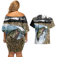 Personalized Largemouth Bass Fishing Couples Matching Off Shoulder Short Dress and Hawaiian Shirt with Camo Reeds - Outdoor Angler Design - Wonder Print Shop
