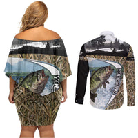 Personalized Largemouth Bass Fishing Couples Matching Off Shoulder Short Dress and Long Sleeve Button Shirt with Camo Reeds - Outdoor Angler Design - Wonder Print Shop