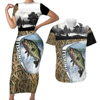 Personalized Largemouth Bass Fishing Couples Matching Short Sleeve Bodycon Dress and Hawaiian Shirt with Camo Reeds - Outdoor Angler Design - Wonder Print Shop