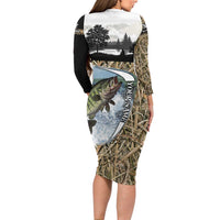 Personalized Largemouth Bass Fishing Family Matching Long Sleeve Bodycon Dress and Hawaiian Shirt with Camo Reeds - Outdoor Angler Design - Wonder Print Shop