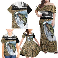 Personalized Largemouth Bass Fishing Family Matching Off Shoulder Maxi Dress and Hawaiian Shirt with Camo Reeds - Outdoor Angler Design - Wonder Print Shop
