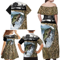 Personalized Largemouth Bass Fishing Family Matching Off Shoulder Maxi Dress and Hawaiian Shirt with Camo Reeds - Outdoor Angler Design - Wonder Print Shop