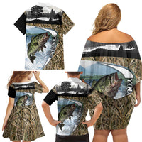 Personalized Largemouth Bass Fishing Family Matching Off Shoulder Short Dress and Hawaiian Shirt with Camo Reeds - Outdoor Angler Design - Wonder Print Shop