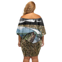 Personalized Largemouth Bass Fishing Family Matching Off Shoulder Short Dress and Hawaiian Shirt with Camo Reeds - Outdoor Angler Design - Wonder Print Shop