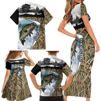 Personalized Largemouth Bass Fishing Family Matching Short Sleeve Bodycon Dress and Hawaiian Shirt with Camo Reeds - Outdoor Angler Design - Wonder Print Shop