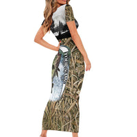 Personalized Largemouth Bass Fishing Family Matching Short Sleeve Bodycon Dress and Hawaiian Shirt with Camo Reeds - Outdoor Angler Design - Wonder Print Shop