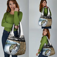 Personalized Largemouth Bass Fishing Grocery Bag with Camo Reeds - Outdoor Angler Design - Wonder Print Shop
