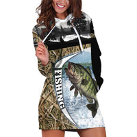 Personalized Largemouth Bass Fishing Hoodie Dress with Camo Reeds - Outdoor Angler Design - Wonder Print Shop