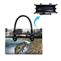 Personalized Largemouth Bass Fishing Leather Bag with Camo Reeds - Outdoor Angler Design - Wonder Print Shop