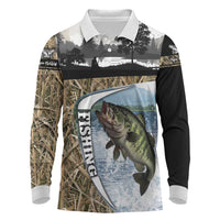 Personalized Largemouth Bass Fishing Long Sleeve Polo Shirt with Camo Reeds - Outdoor Angler Design - Wonder Print Shop