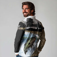 Personalized Largemouth Bass Fishing Long Sleeve Polo Shirt with Camo Reeds - Outdoor Angler Design - Wonder Print Shop