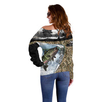 Personalized Largemouth Bass Fishing Off Shoulder Sweater with Camo Reeds - Outdoor Angler Design - Wonder Print Shop