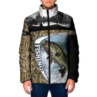 Personalized Largemouth Bass Fishing Padded Jacket with Camo Reeds - Outdoor Angler Design - Wonder Print Shop