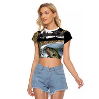 Personalized Largemouth Bass Fishing Raglan Cropped T Shirt with Camo Reeds - Outdoor Angler Design - Wonder Print Shop