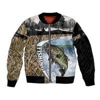 Personalized Largemouth Bass Fishing Sleeve Zip Bomber Jacket with Camo Reeds - Outdoor Angler Design - Wonder Print Shop