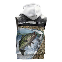 Personalized Largemouth Bass Fishing Sleeveless Hoodie with Camo Reeds - Outdoor Angler Design - Wonder Print Shop