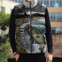 Personalized Largemouth Bass Fishing Sleeveless Puffer Jacket with Camo Reeds - Outdoor Angler Design - Wonder Print Shop