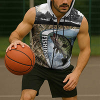 Personalized Largemouth Bass Fishing Sleeveless Zip Hoodie with Camo Reeds - Outdoor Angler Design - Wonder Print Shop