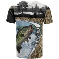 Personalized Largemouth Bass Fishing T Shirt with Camo Reeds - Outdoor Angler Design - Wonder Print Shop