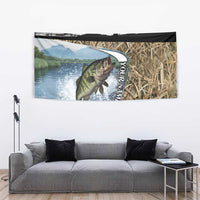 Personalized Largemouth Bass Fishing Tapestry with Camo Reeds - Outdoor Angler Design - Wonder Print Shop