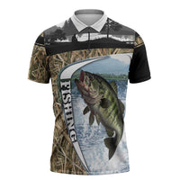 Personalized Largemouth Bass Fishing Zipper Polo Shirt with Camo Reeds - Outdoor Angler Design - Wonder Print Shop