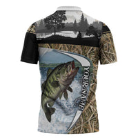 Personalized Largemouth Bass Fishing Zipper Polo Shirt with Camo Reeds - Outdoor Angler Design - Wonder Print Shop